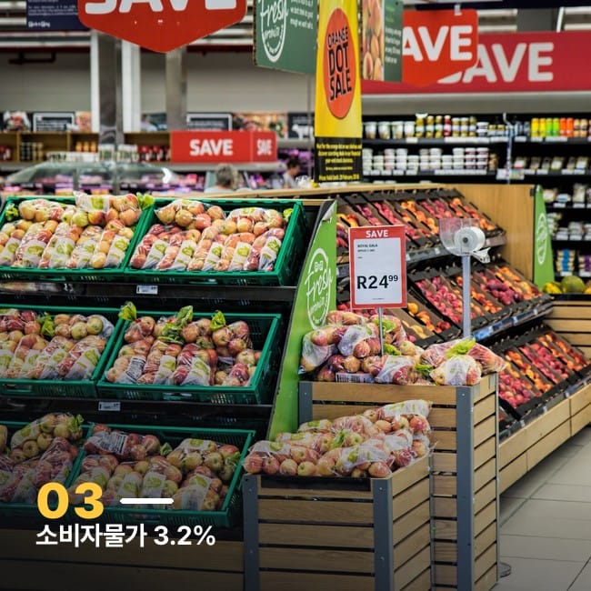 진열대에 가격표가 붙은 마트 과일 코너