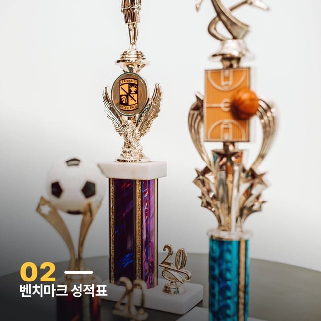 여러 개의 트로피가 놓인 사진