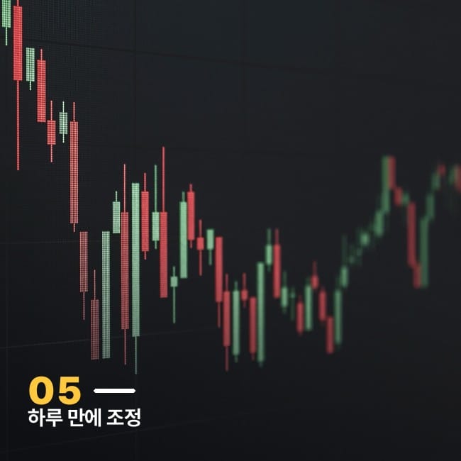 빨강과 초록 캔들스틱이 표시된 차트 화면 사진, 급등 후 조정을 상징하는 이미지