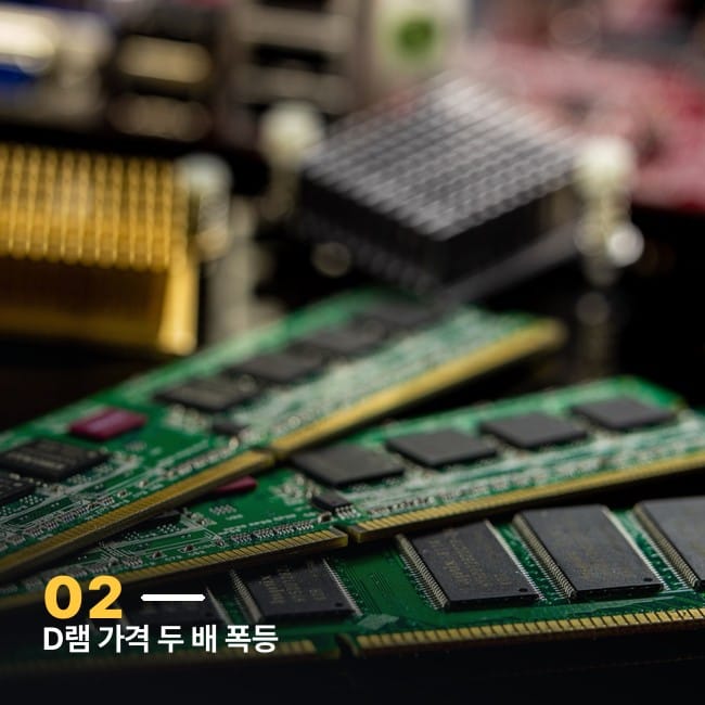 D램 메모리 모듈이 겹쳐진 클로즈업 사진