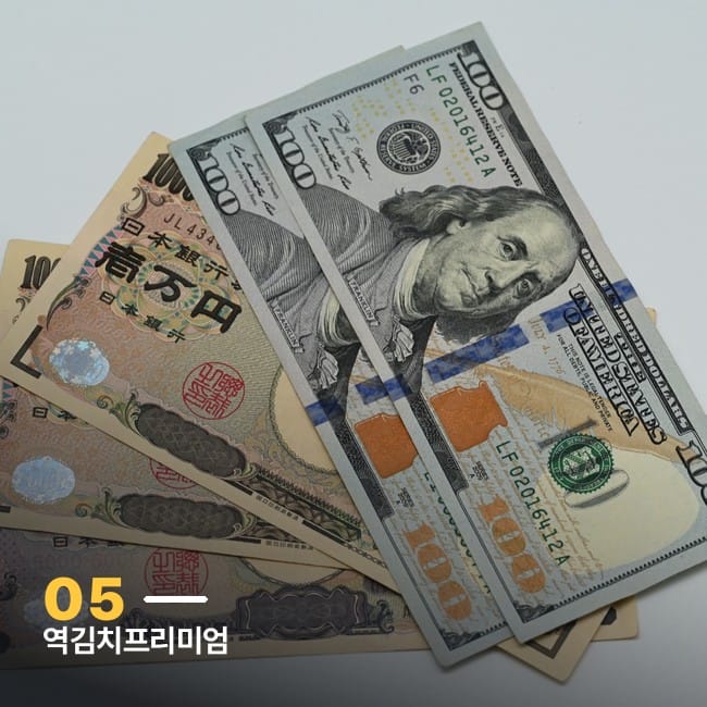 여러 나라 지폐가 놓인 사진, 역김치프리미엄 통화 가격 차이를 상징하는 이미지