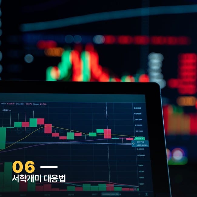 노트북 화면 속 하락 차트와 트레이딩 스크린 사진, 서학개미의 시장 모니터링을 상징하는 이미지