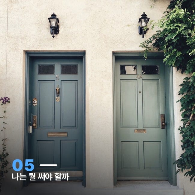 나란히 있는 파란색과 초록색 현관문 두 개 사진, 블로그 플랫폼 선택의 갈림길을 상징하는 이미지