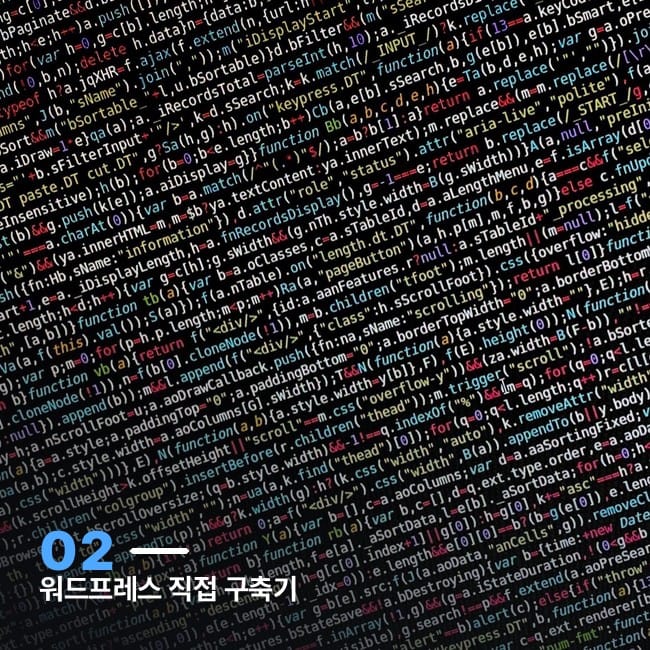 알파벳과 함수가 빽빽한 코드 화면 클로즈업 사진, 워드프레스 직접 구축 과정을 상징하는 이미지