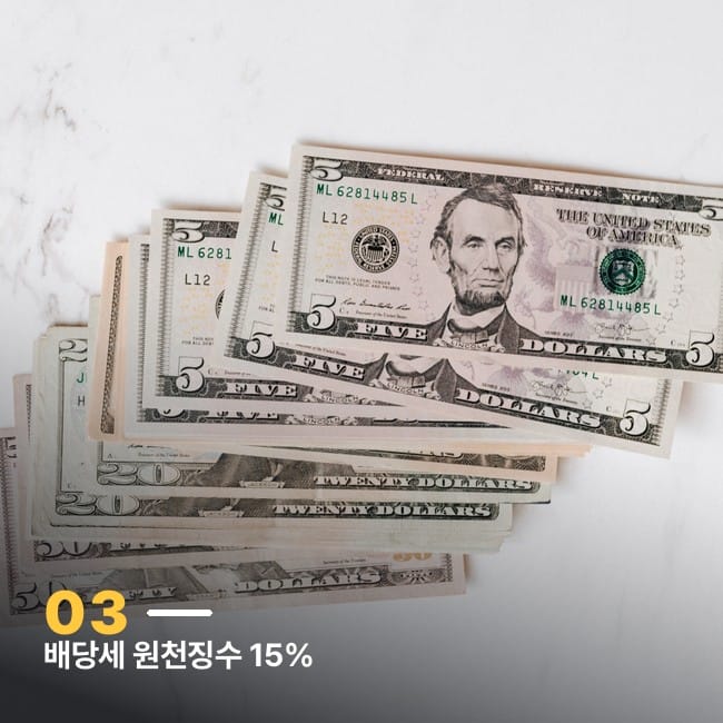 미국 달러 지폐 다발 사진, 배당금 세금을 상징하는 이미지